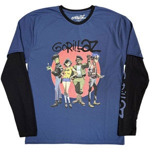 GORILLAZ - Group Circle Rise Blue & Black Layered Long Sleeve T-Shirt