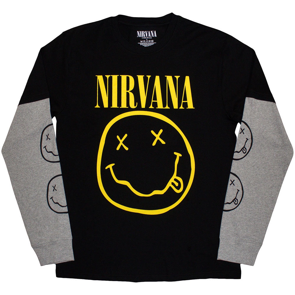 NIRVANA - Yellow Happy Face Black & Grey Layered Long Sleeve T
