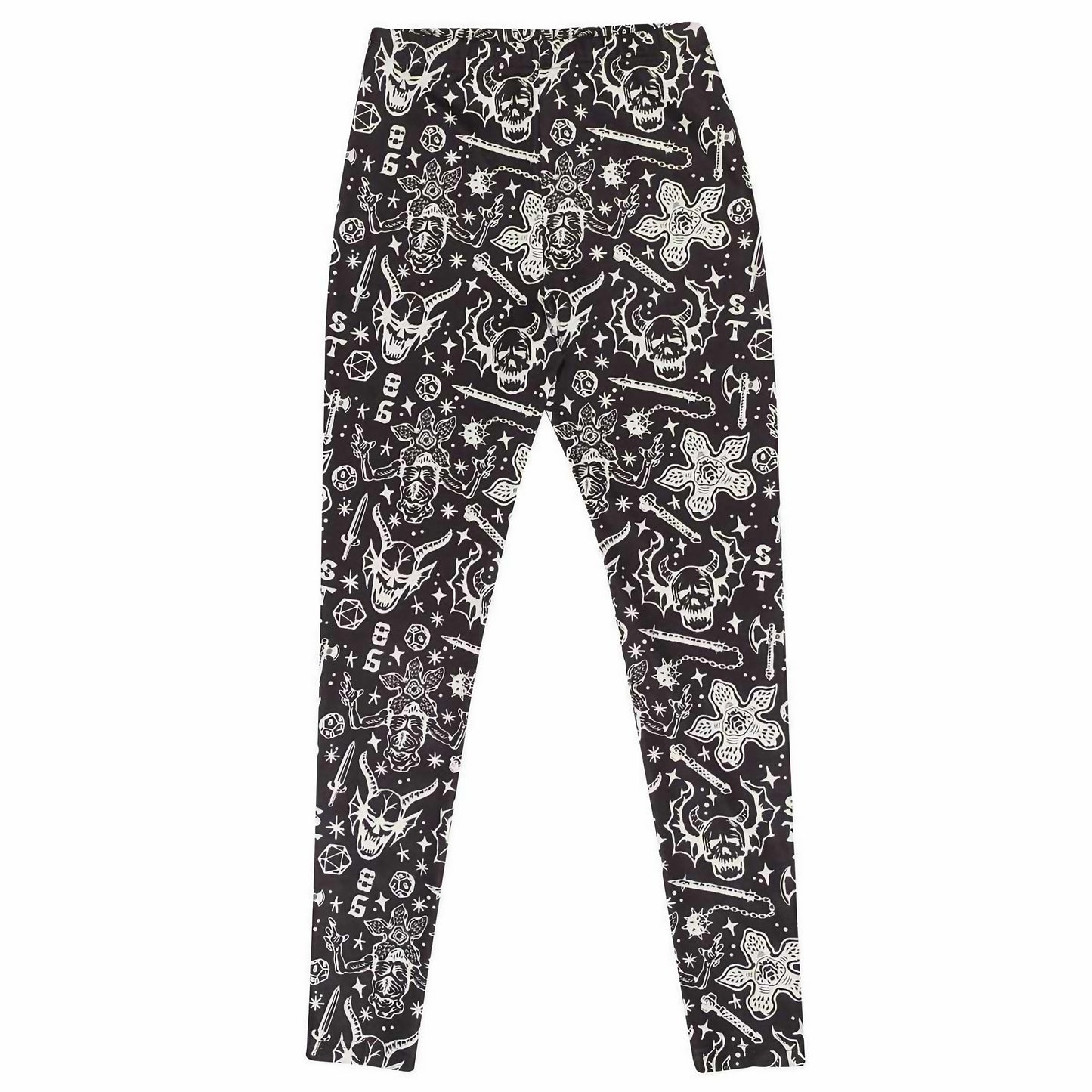 Black and red Hellfire Club leggings with 'Stranger Things' themed design