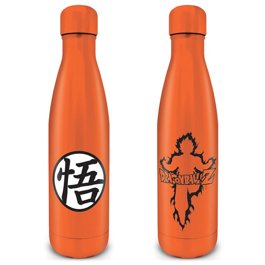 Dragon Ball Z themed metal water bottle with Goku Kanji design in orange color