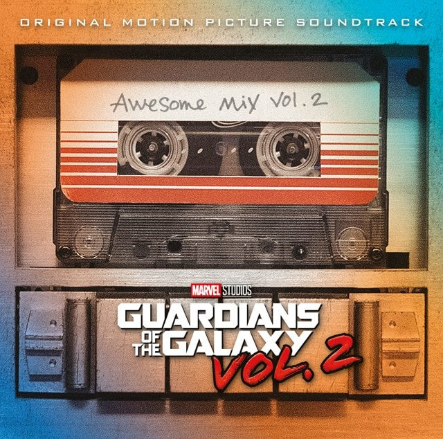 Orange galaxy-colored vinyl record of Marvel's Guardians of the Galaxy Awesome Mix Vol. 2 soundtrack