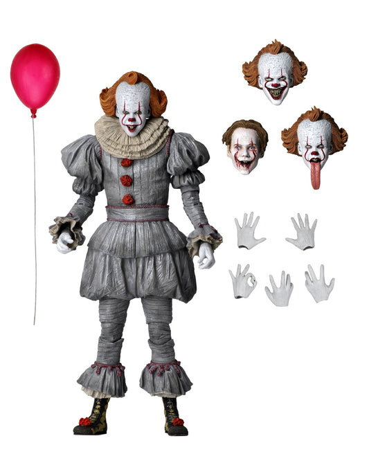 NECA Ultimate Figure of Pennywise from IT Chapter 2, 2019, with extended hands holding balloons