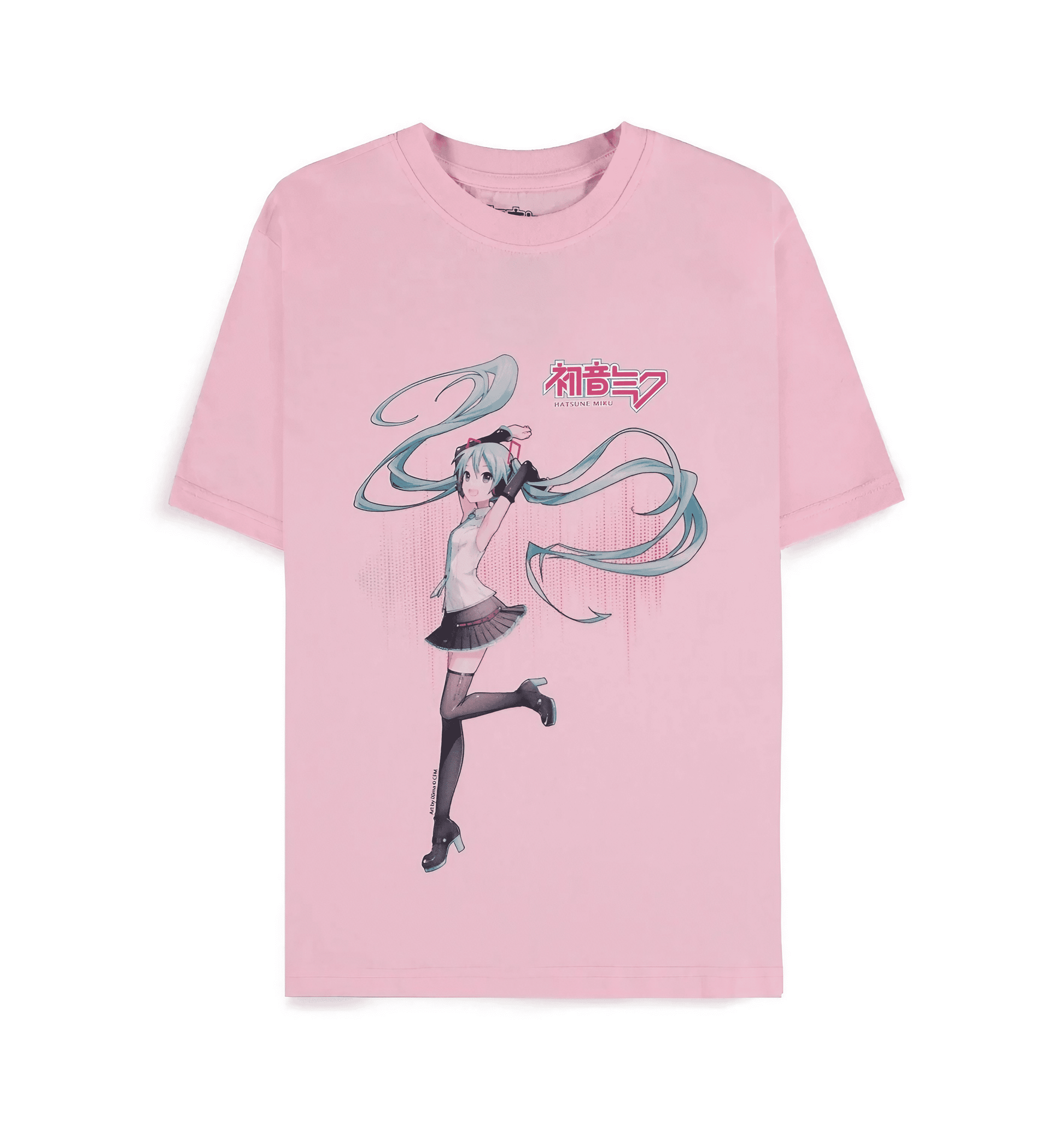 Close-up of a pink Hatsune Miku T-shirt with character in sailor suit design