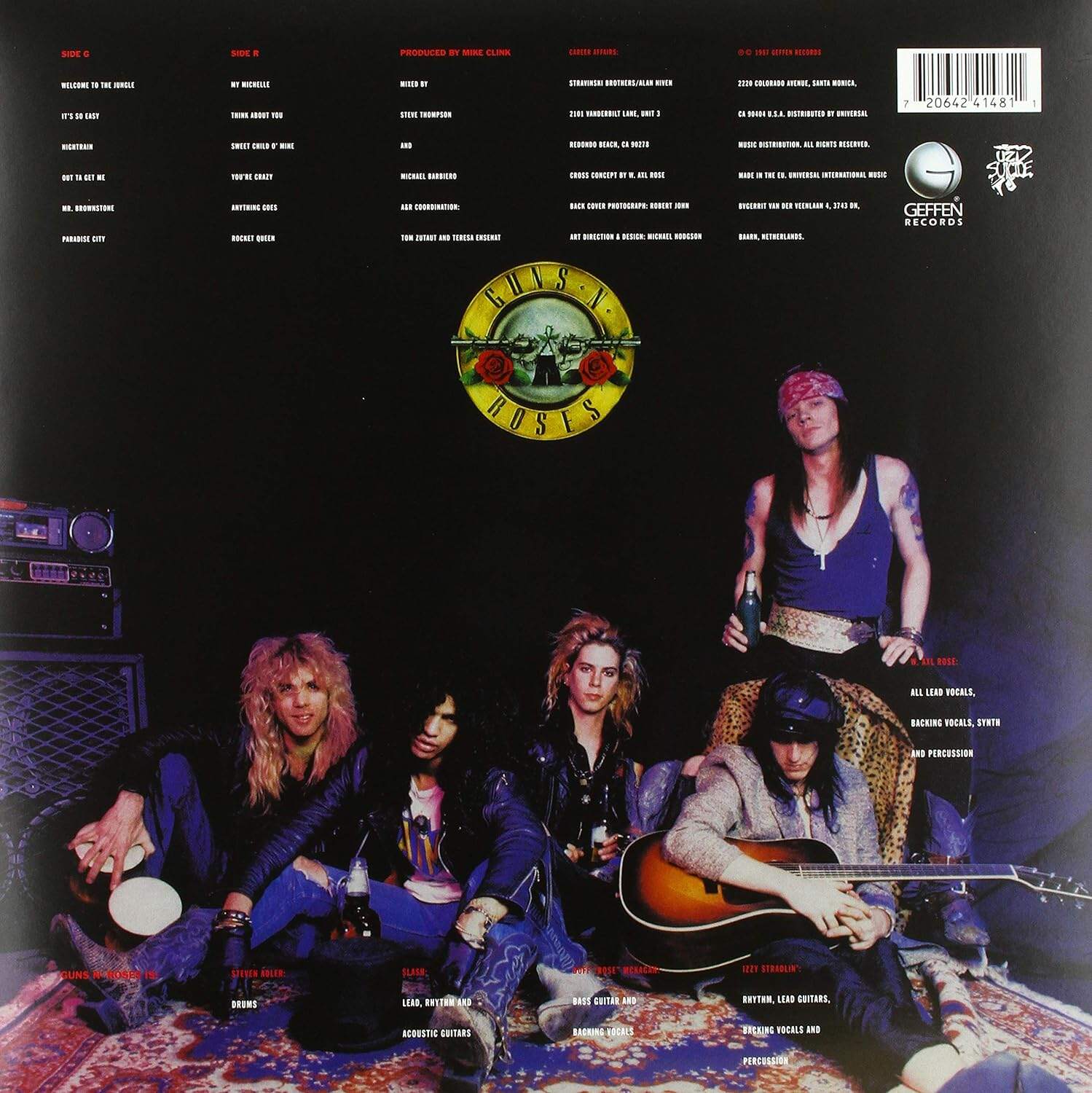 Vinyl record of "GUNS N' ROSES - Appetite For Destruction" album, back cover with tracklist