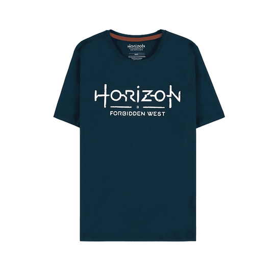 A blue T-shirt featuring the 'Horizon Forbidden West' logo