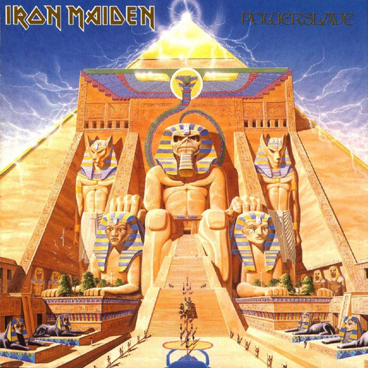 Iron Maiden Powerslave album cover on vinyl record