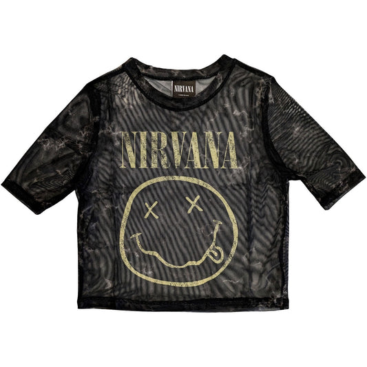 NIRVANA - Yellow Happy Face Mesh Crop Top