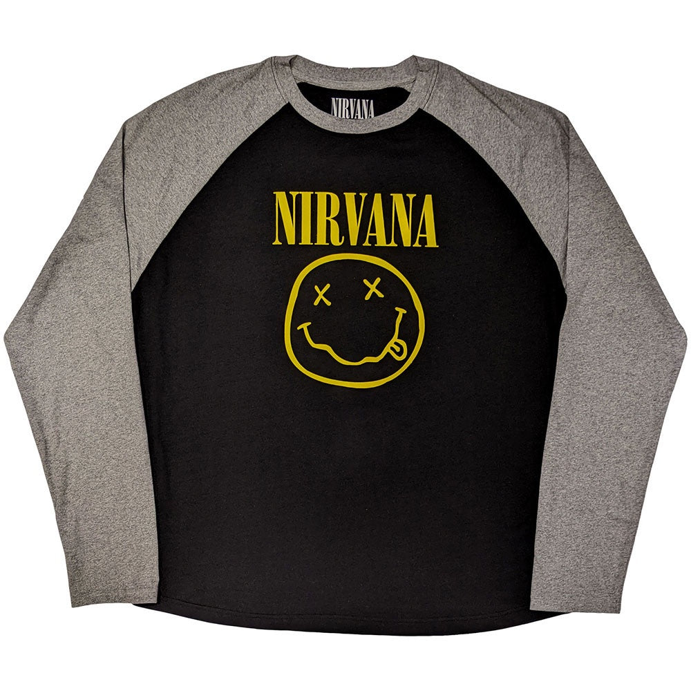 NIRVANA - Yellow Happy Face Black & Grey Raglan Long Sleeve T-Shirt