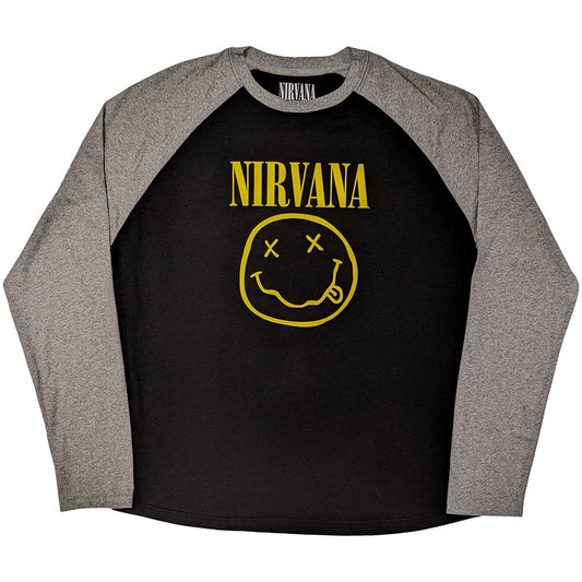 NIRVANA - Yellow Happy Face Black & Grey Raglan Long Sleeve T-Shirt