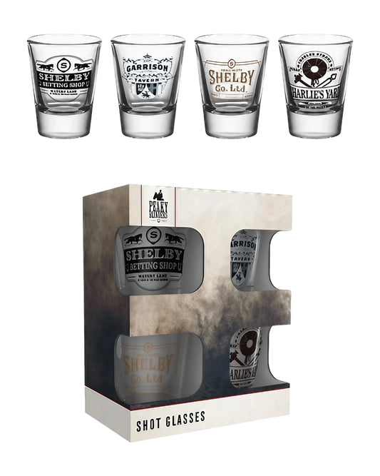 Set of four PEAKY BLINDERS-themed shot glasses with logo designs