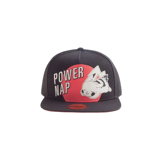Pikachu-themed snapback cap with "Power Nap" text embroidered on it