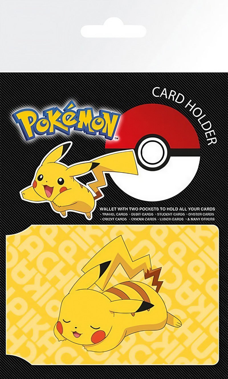 Pikachu-themed card holder featuring a resting Pikachu design