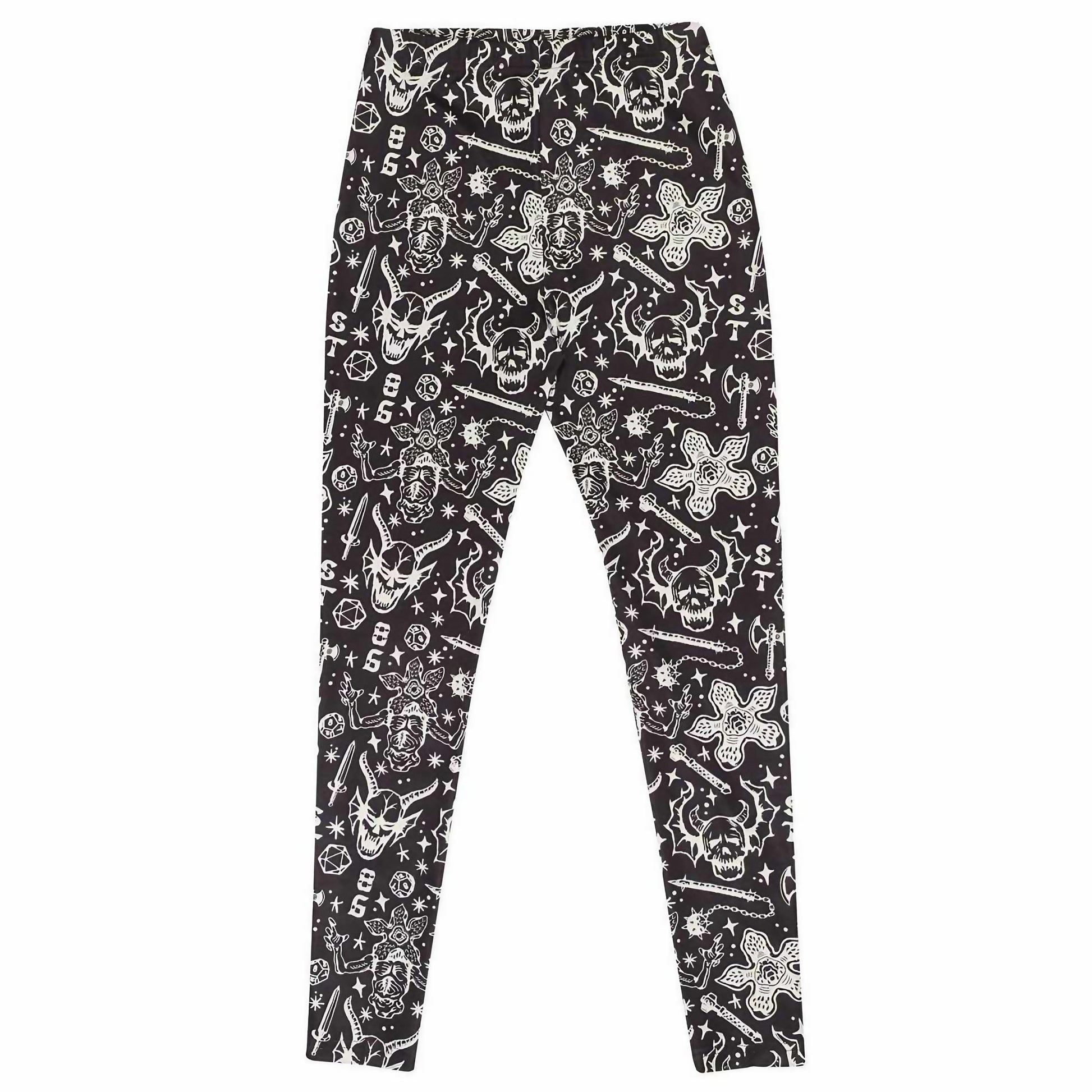 Black and red Hellfire Club leggings with 'Stranger Things' themed design