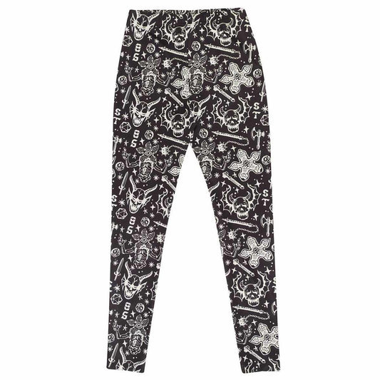 Black and red Hellfire Club leggings with 'Stranger Things' themed design