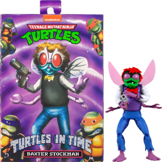 Baxter Stockman Ultimate Figure from Teenage Mutant Ninja Turtles by NECA displayed against a purple backdrop