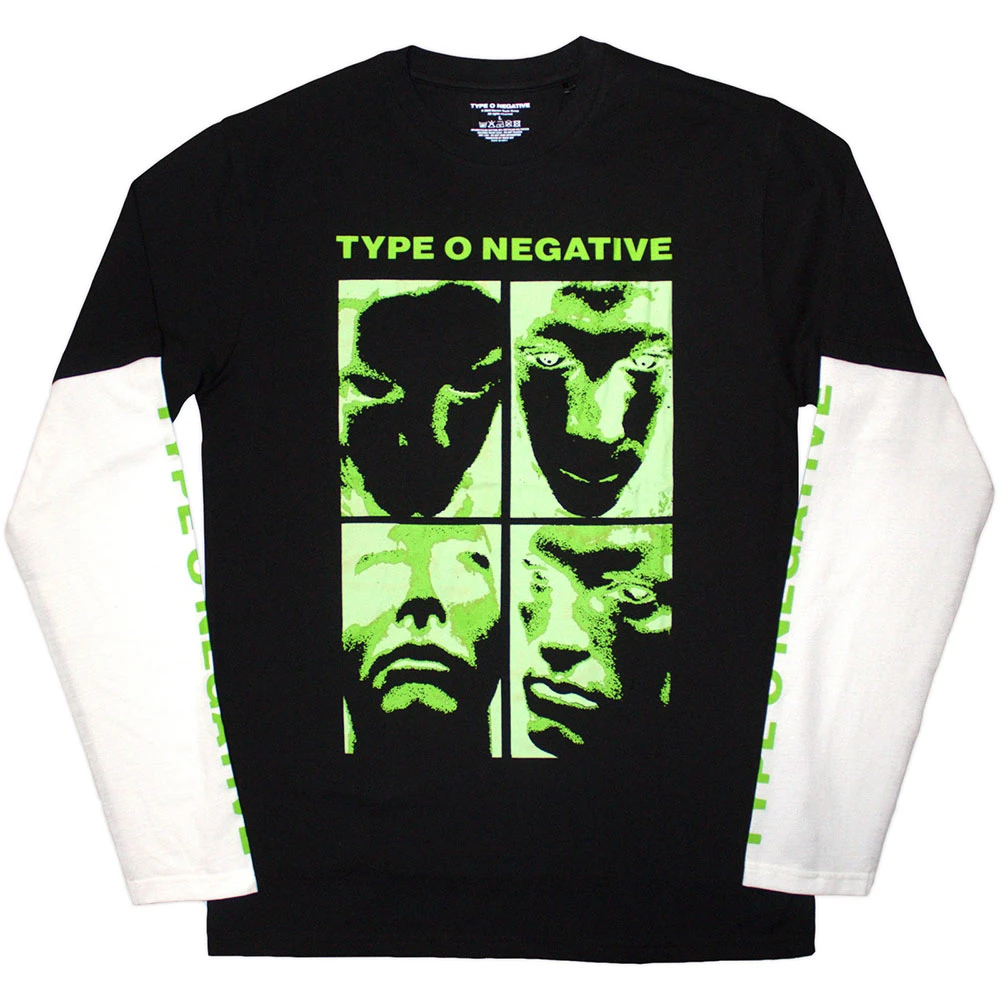 TYPE O NEGATIVE - Faces Black & White Layered Sleeve Print Long Sleeve T-Shirt
