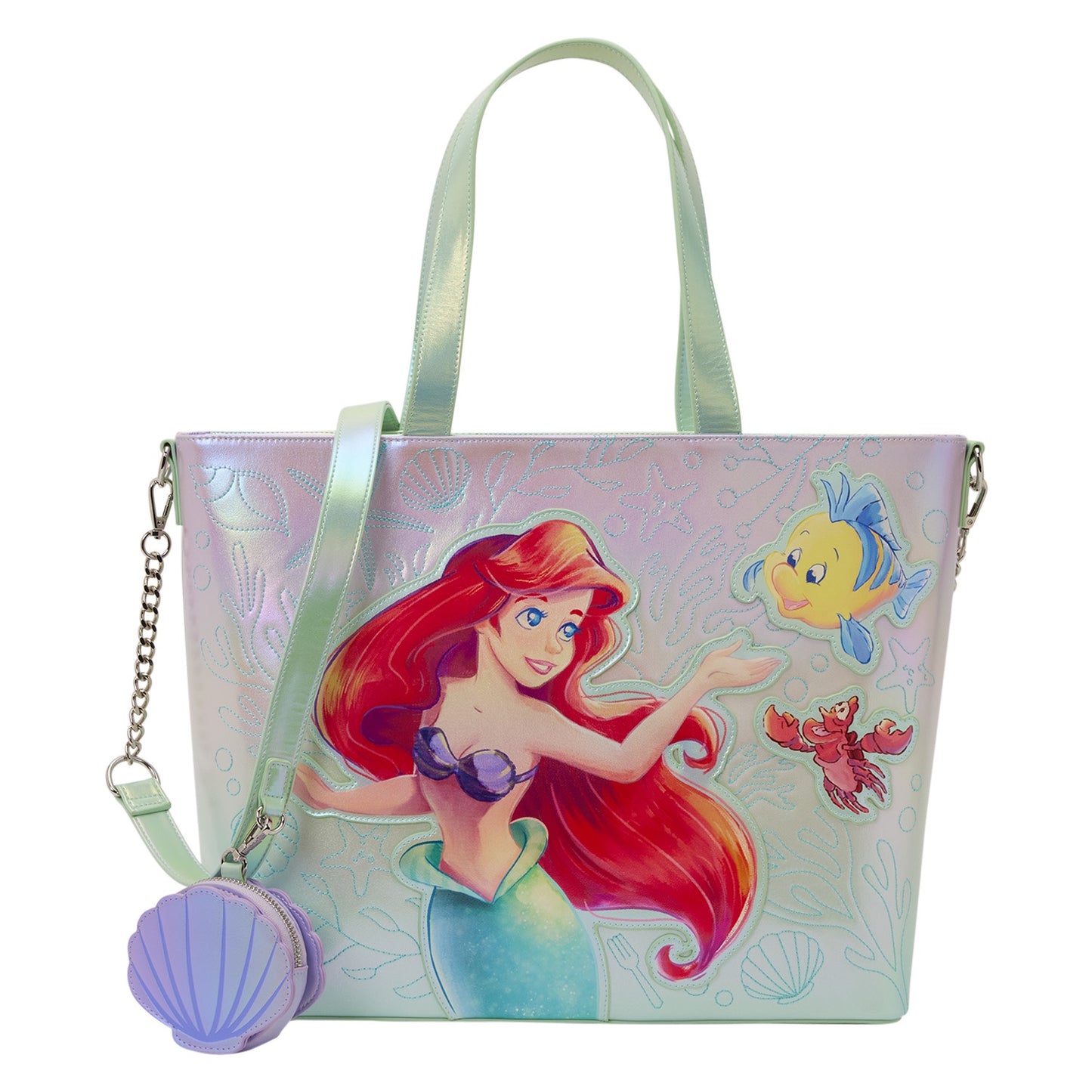 LOUNGEFLY : DISNEY - Little Mermaid Ariel & Flounder Tote Bag With Coin Bag