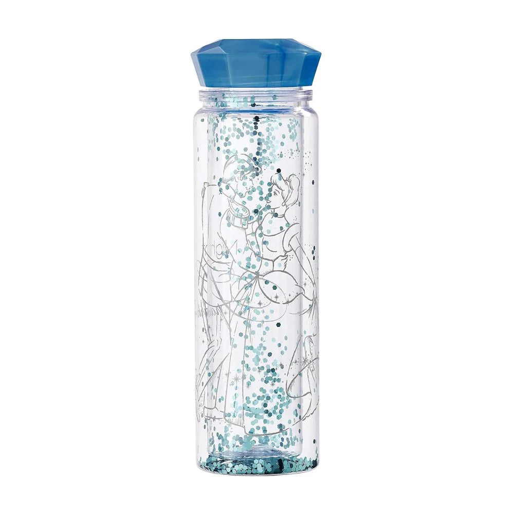 Disney Cinderella Platinum Anniversary commemorative plastic water bottle with sparkling design and blue lid