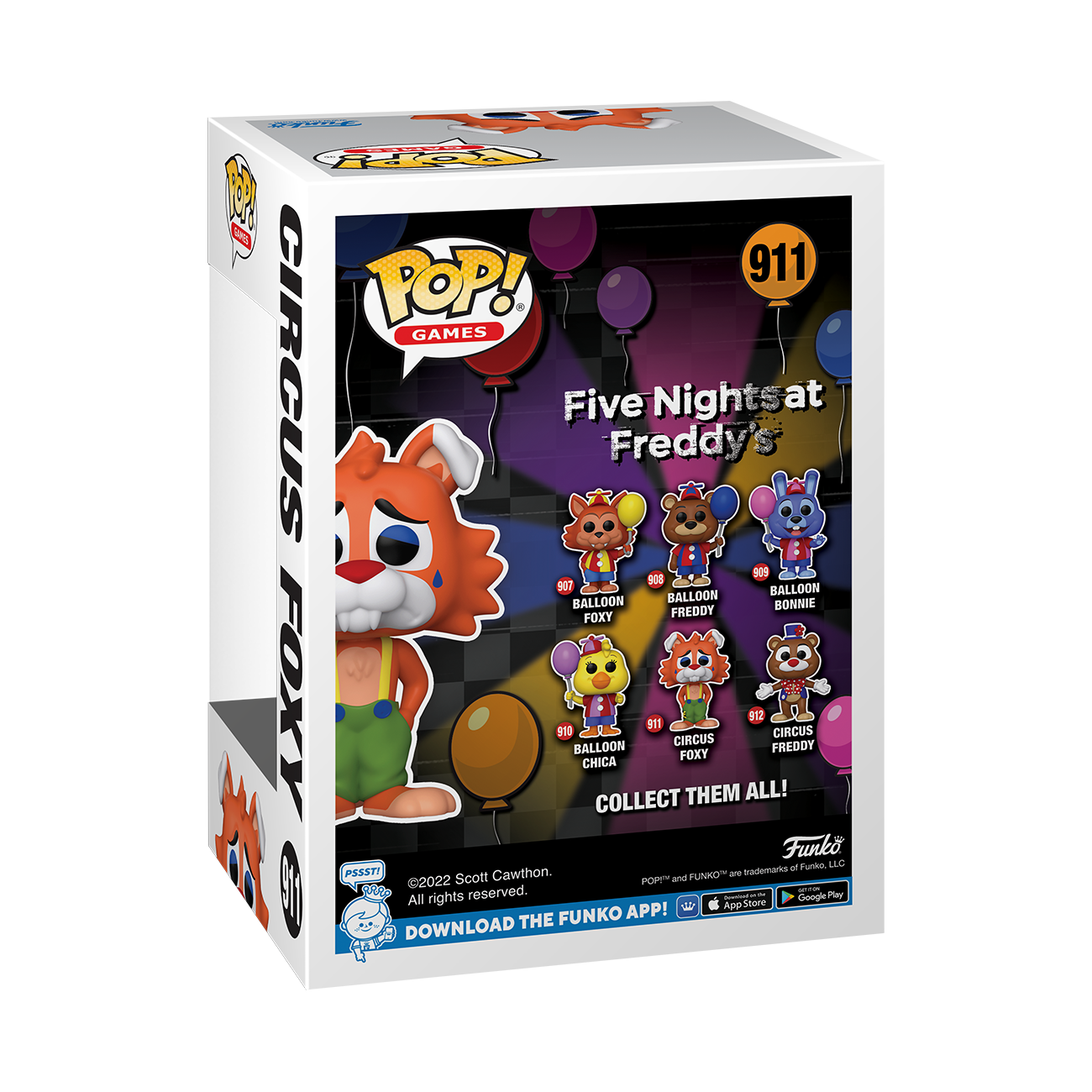 Collectible Circus Foxy #911 Funko Pop figure in the box, from Five Nights at Freddy's. Back view.