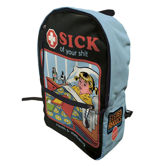 Steven Rhodes-themed backpack featuring the 'Sick Of Your Shit' design with a retro-style illustration