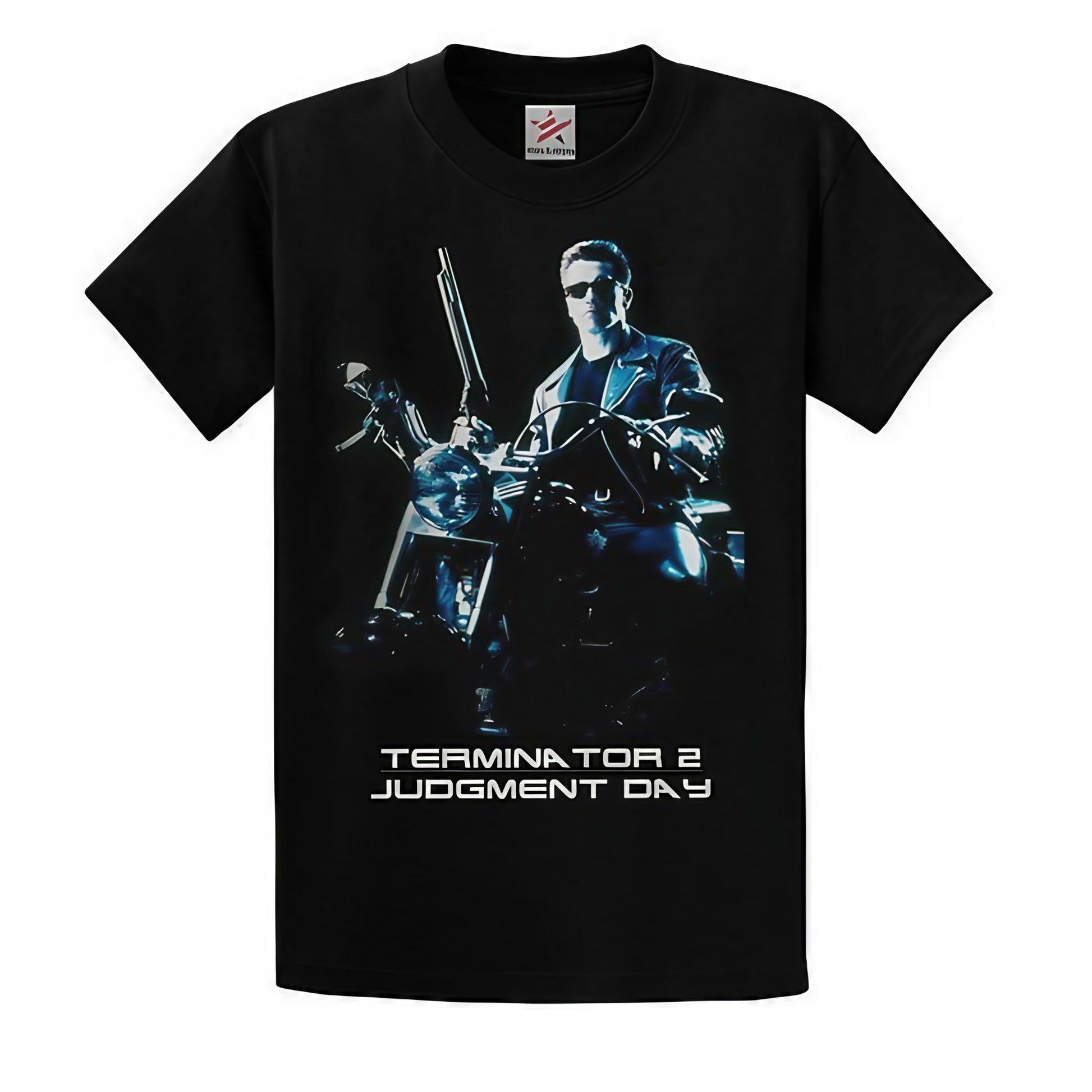 Black T-shirt featuring the Terminator in a bike pose graphic