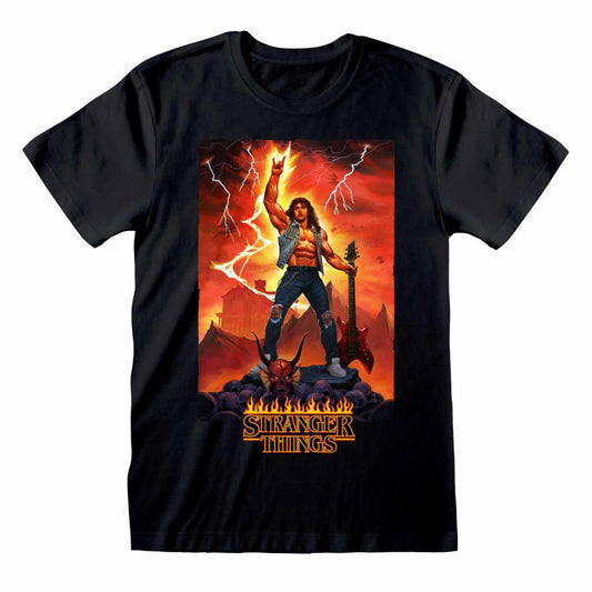 Black Eddie Rocks T-shirt with Stranger Things graphic design featuring a character holding a guitar