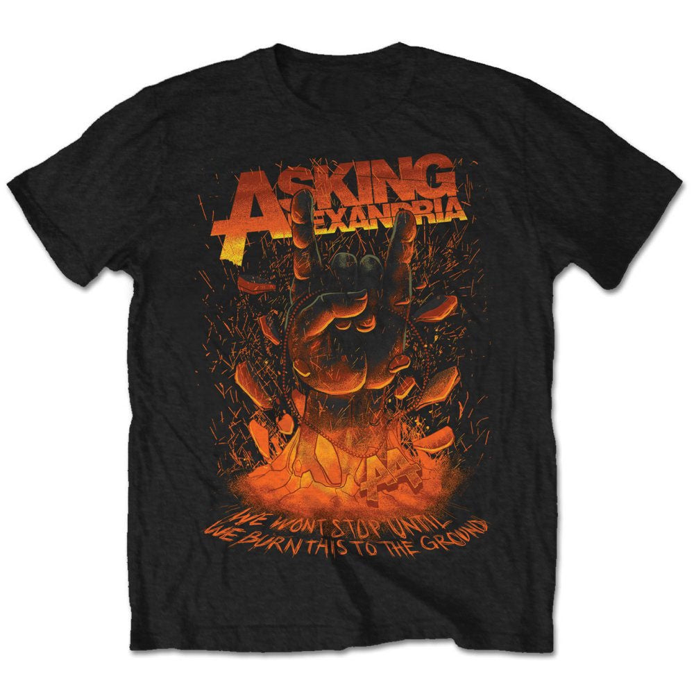 Black ASKING ALEXANDRIA t-shirt featuring a metal hand graphic