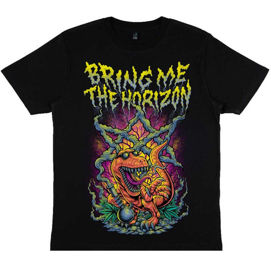 Black t-shirt with 'BRING ME THE HORIZON' band logo and a smoking dinosaur graphic design