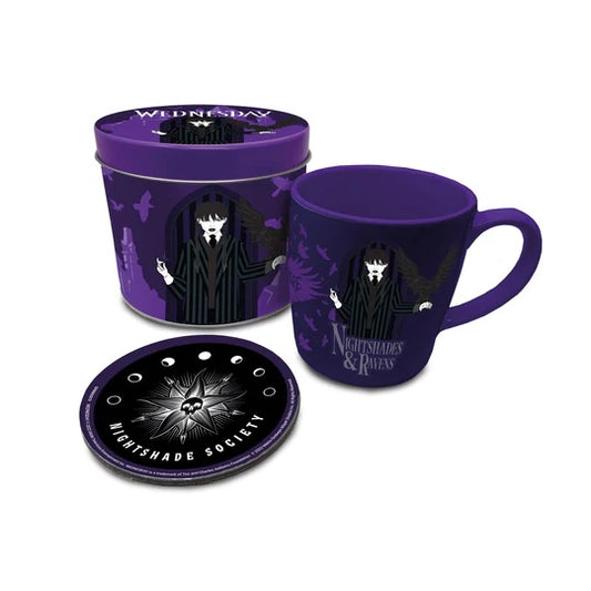 Wednesday-themed mug and tin set featuring nightshade and raven designs