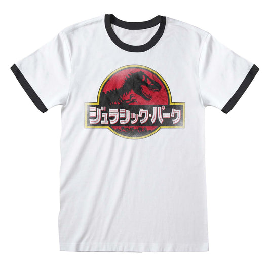 Japanese logo design of Jurassic Park on a ringer T-shirt