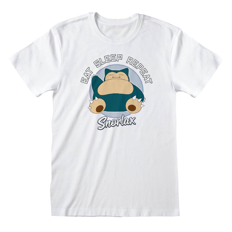 White Snorlax-themed T-shirt with the phrase "Eat Sleep Repeat" printed on it