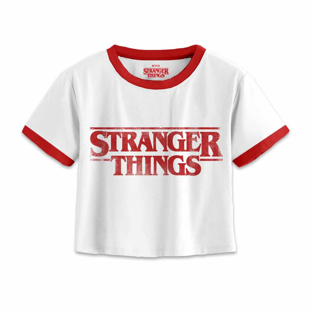 STRANGER THINGS - Distressed Logo White Cropped T-Shirt