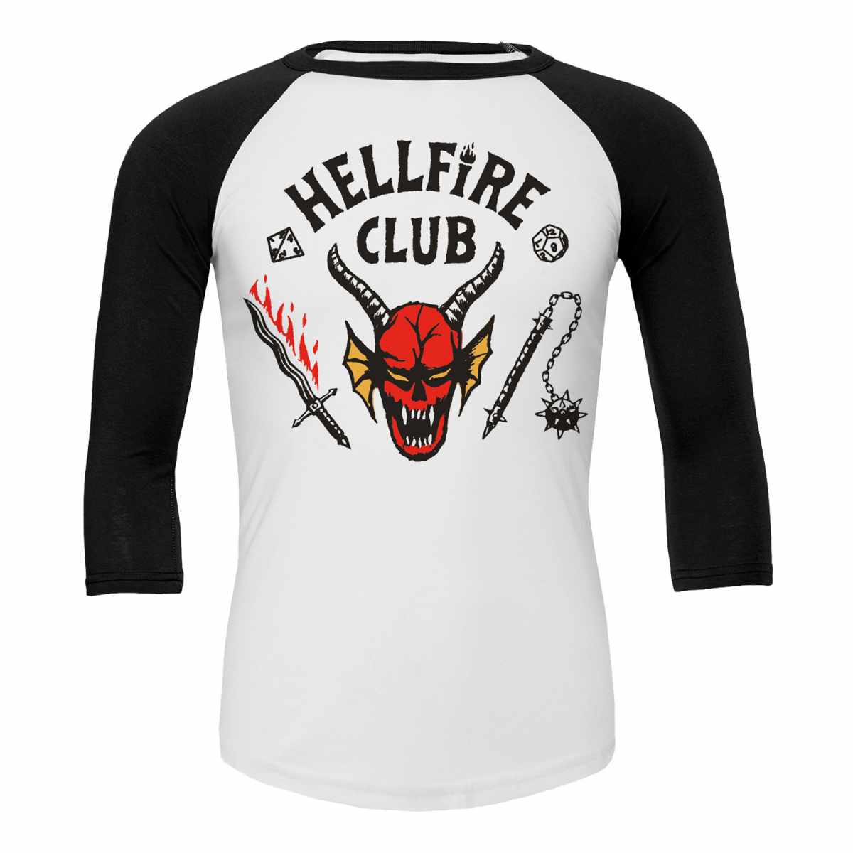 Three-quarter sleeve raglan t-shirt with 'Hellfire Club' logo from Stranger Things in white and black colors