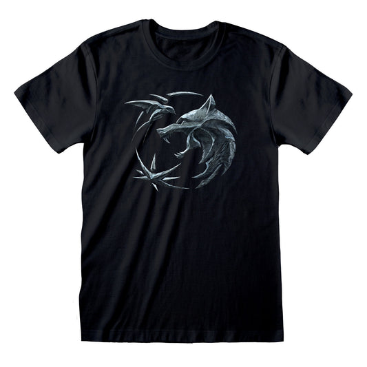 Black T-shirt featuring the Witcher Wolf emblem