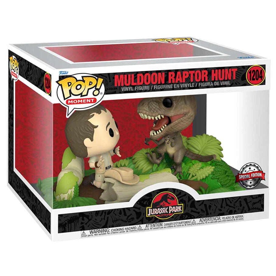 Collectible Funko Pop! Movie Moment featuring Muldoon and a raptor from Jurassic Park, numbered #1204
